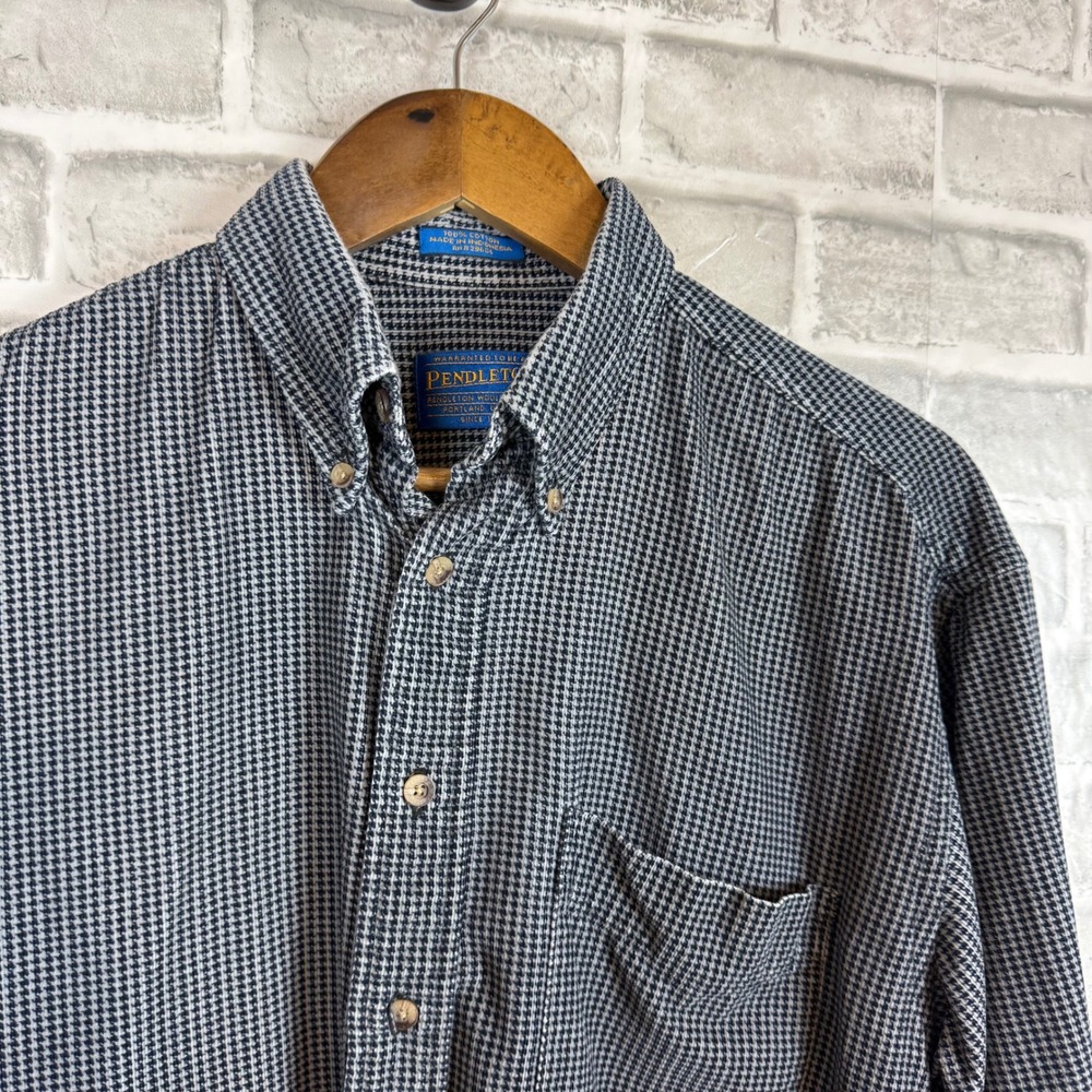 Pendleton Mens Cotton Houndstooth Button Down Shirt Black White Medium LS